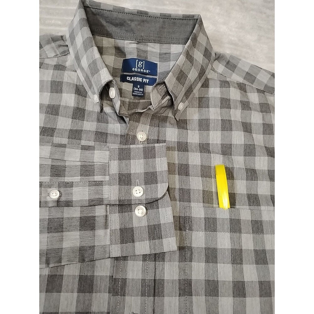 George Men's SIZE Small 34-36Long Sleeve Poplin Button-Up Shirt Black Plaid NWT